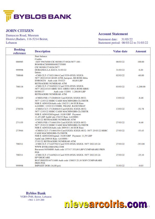 Lebanon Byblos Bank statement in Word and PDF format